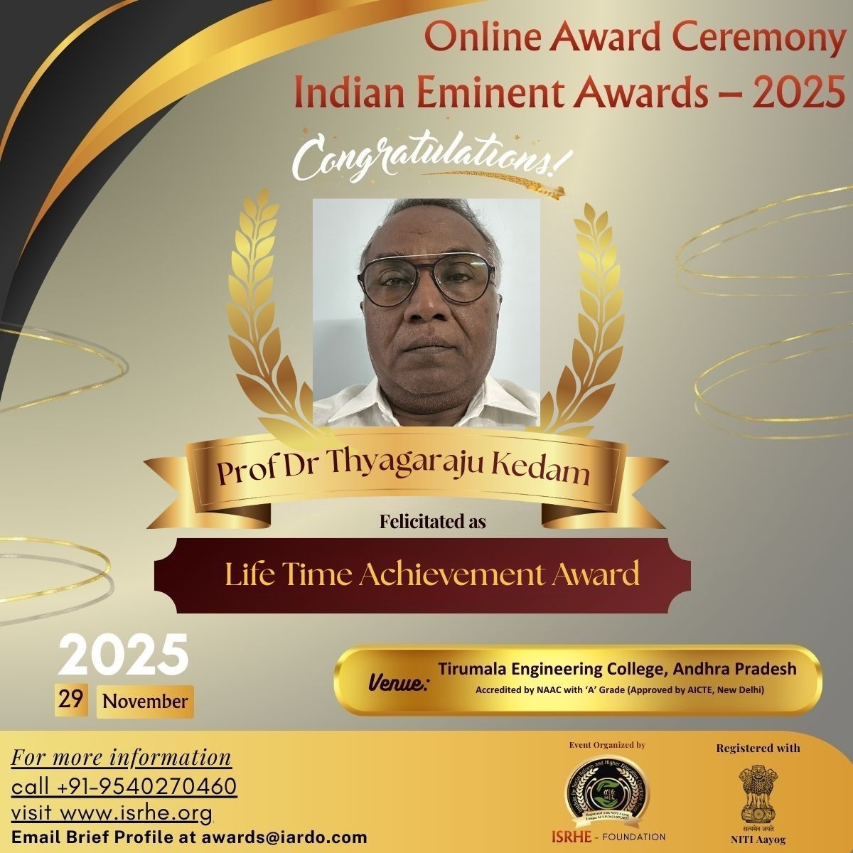 Prof Dr Thyagaraju Kedam